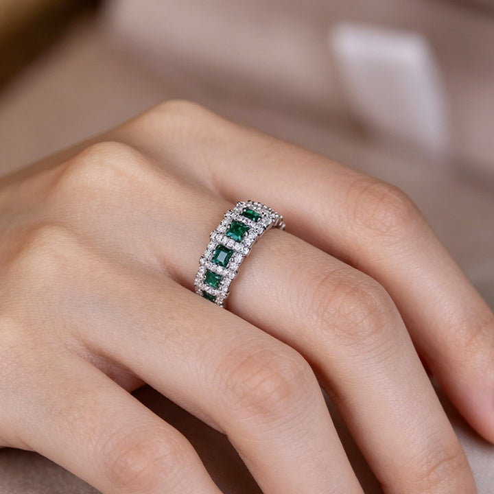 Square Gemstone Double Row Full Paved Eternity Band Ring, Emerald & Amethyst Luxury Women Formal Closed Statement Ring