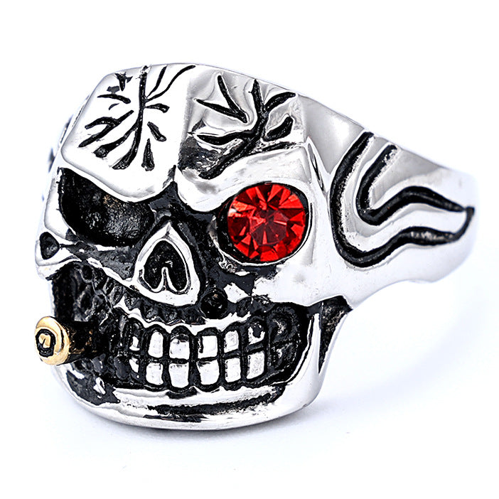 One-Eyed Gem Bullet Skull Ring, S925 Silver Antiqued Biker Statement Band For Men