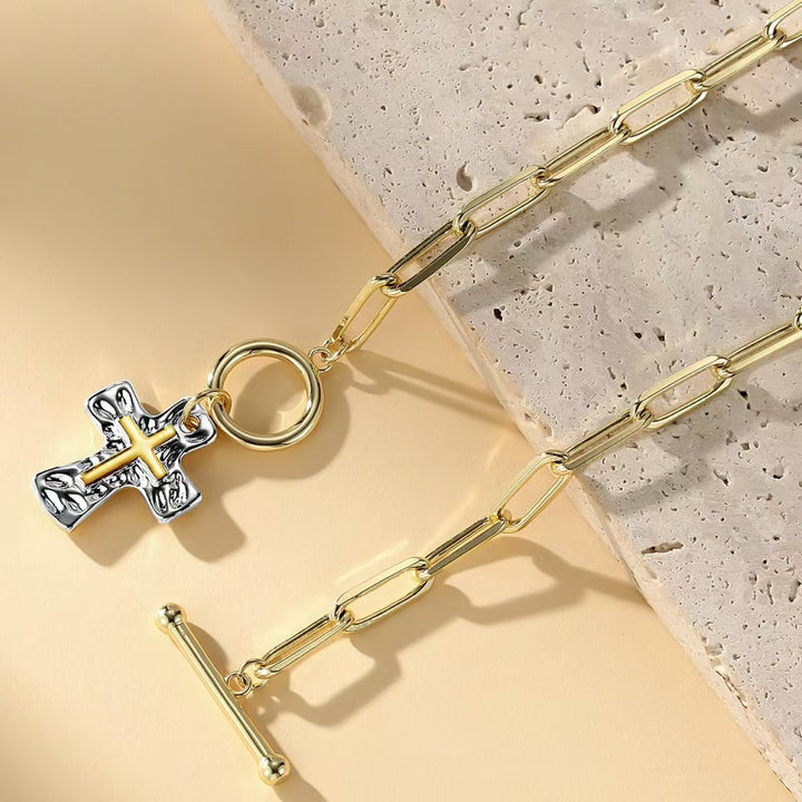 Cross Pendant Paperclip Chain Necklace – Luxury Faith-Inspired Two-Tone Jewelry
