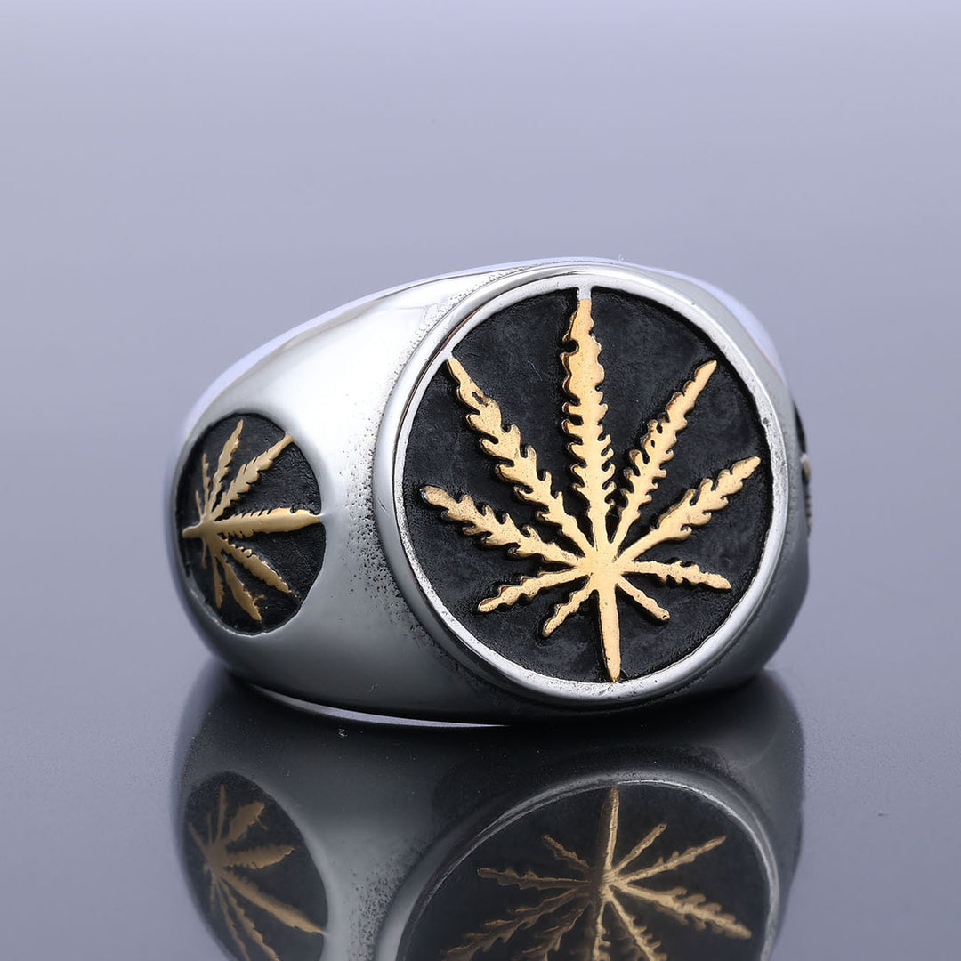 Vintage Maple Leaf Embossed Two-Tone Signet Ring, S925 Silver Gold & Silver Two Tone Street Wide Band For Men
