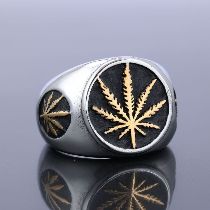 Vintage Maple Leaf Embossed Two-Tone Signet Ring, S925 Silver Gold & Silver Two Tone Street Wide Band For Men