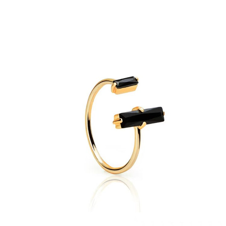 S925 Silver Dual Rectangle Black Diamond Open Ring, Minimal Geometric Asymmetric Black Diamond Adjustable Band