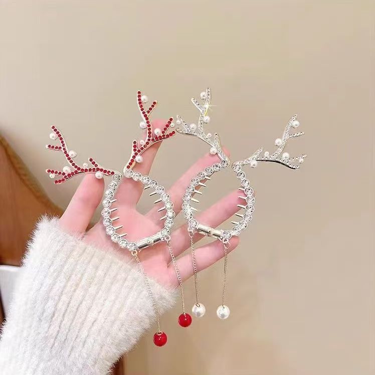 Christmas High Ponytail Hair Clip - Antler Bun Hair Clamp with High-End Tassel Headpiece