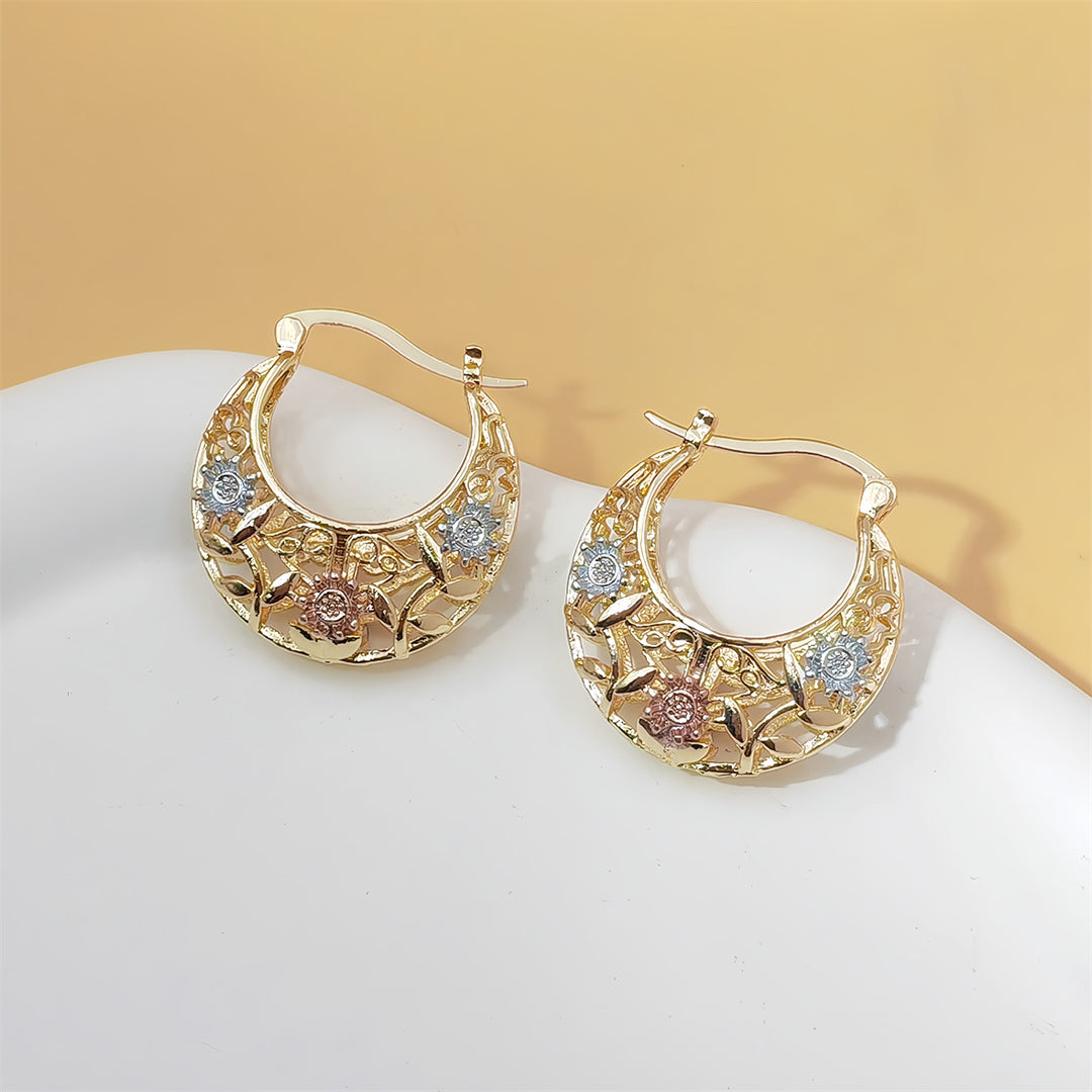 Tri-Tone Hollow Floral Leaf Hoop Earrings, Vintage Garden Style Two-Tone Leverback Earrings for Women
