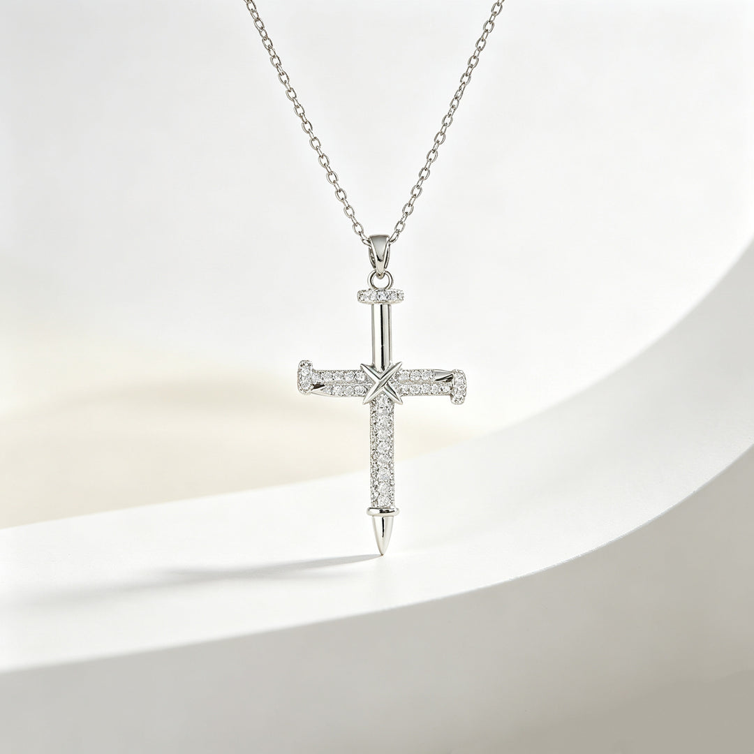 Nail‑Shaped Full‑Paved Diamond Cross Necklace, S925 Silver Two‑Tone Faith Pendant Necklace