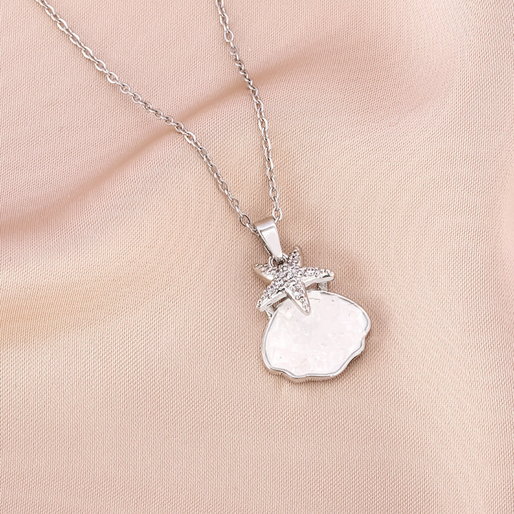 Gold-Plated Copper Starfish & Shell Pendant Necklace with Micro Zircon — Minimalist Chic