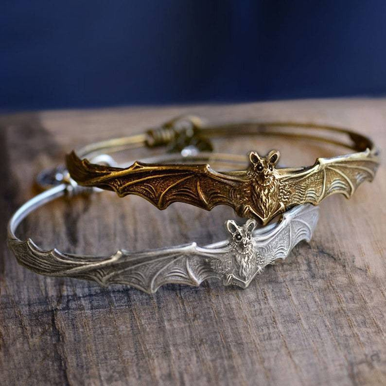 Vintage Bat Adjustable Bangle, Gothic Bracelet with Spider Web Charm, Antique Silver / Antique Bronze Two Tones