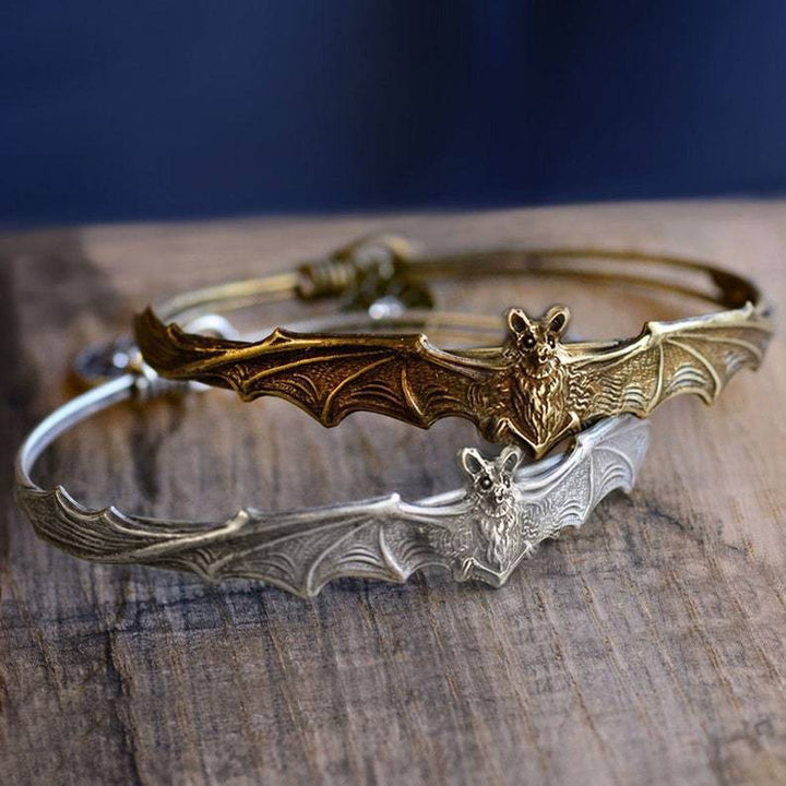 Vintage Bat Adjustable Bangle, Gothic Bracelet with Spider Web Charm, Antique Silver / Antique Bronze Two Tones
