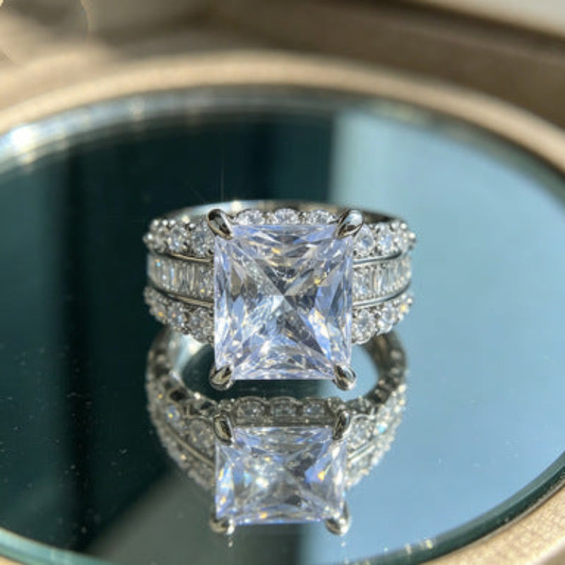 Princess‑Cut Centre Stone Triple‑Row Paved Ring For Women