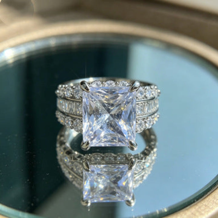 Princess‑Cut Centre Stone Triple‑Row Paved Ring For Women