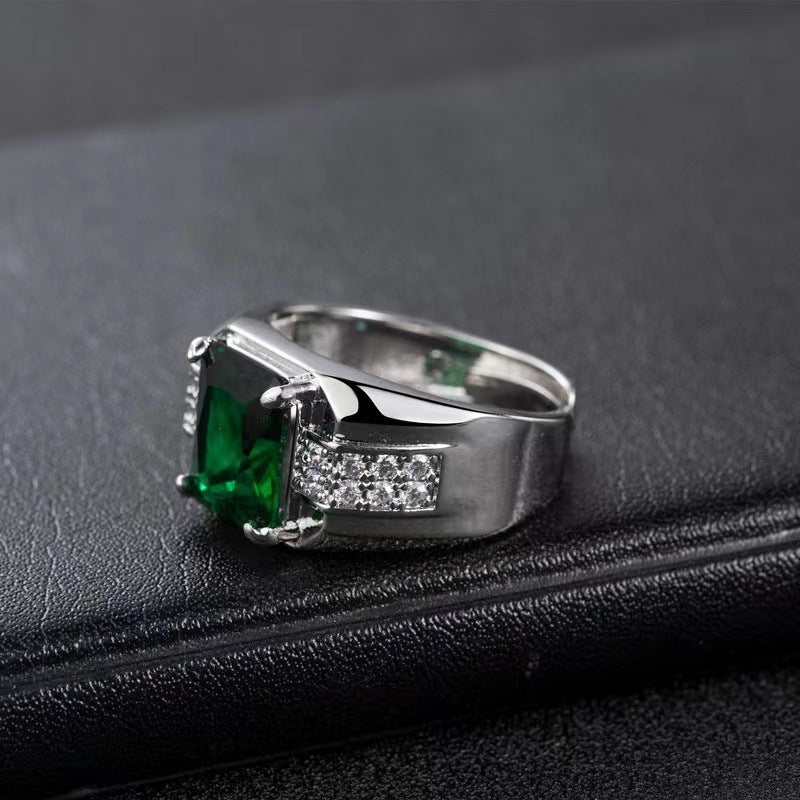 Men's Luxury Rectangular Gem Wide Band Ring (Emerald & Sapphire Two Colors Business Ring)