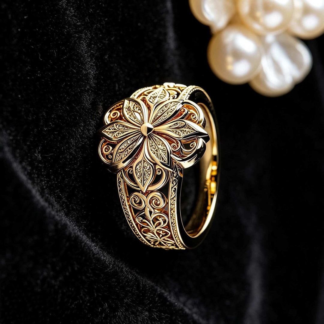 Vintage Hollow Eight-Petal Flower Wide Band Ring, Gold & Silver European Palace Plain Carved Heavy Craft  Ring