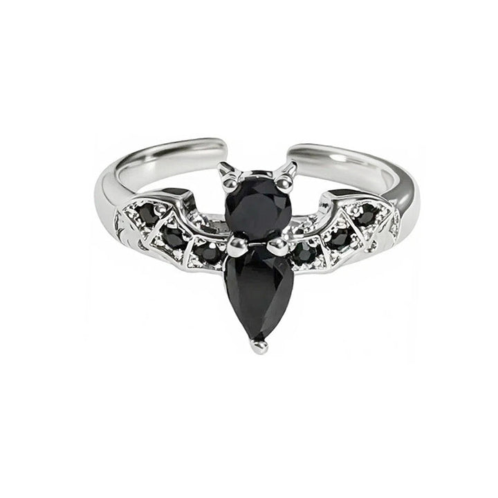 Dark Style Black Diamond Bat & Twisted Heart Open Rings, S925 Silver Alternative Adjustable Two-Style Band Set