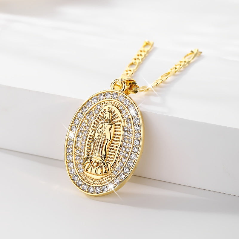 Oval Virgin Mary Diamond Pendant Necklace