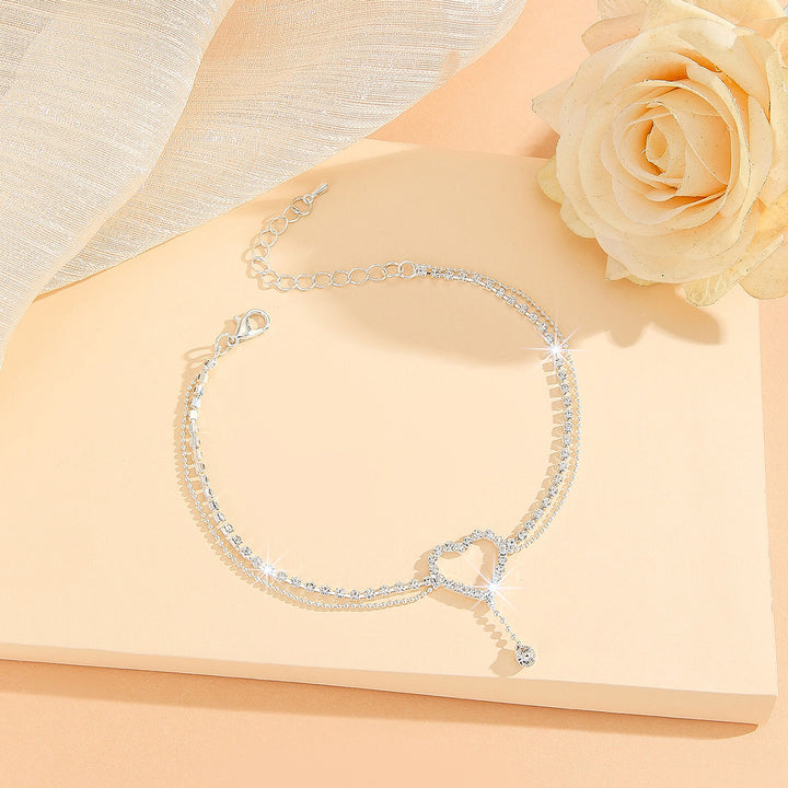 Double Layer Heart Rhinestone Anklet, Hollow Heart Diamond Ankle Bracelet, Luxury Vacation Women Foot Chain, 3 Colors Available
