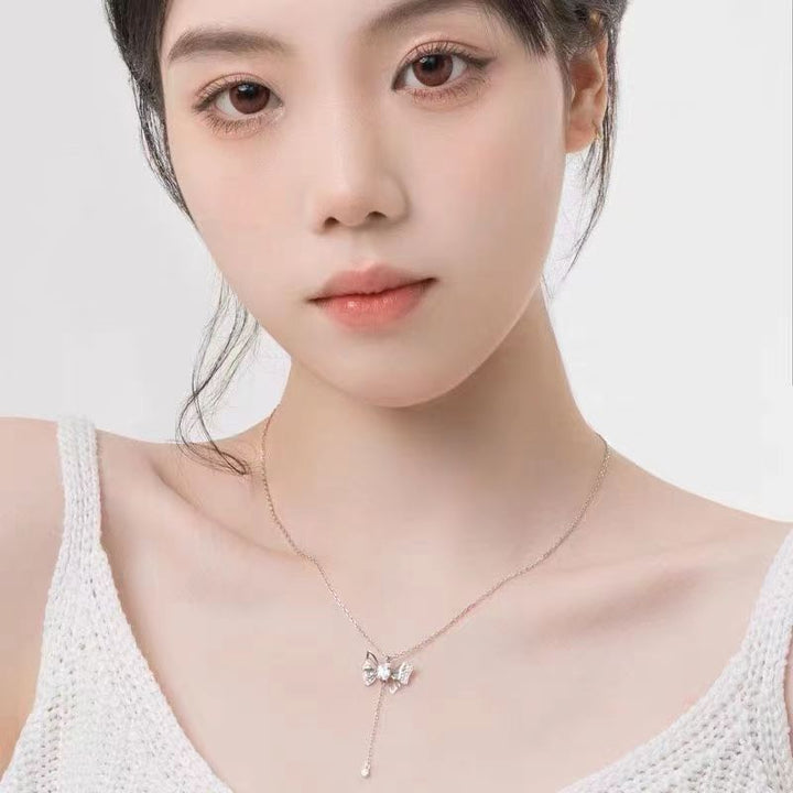 Hollow Butterfly Tassel Pendant Necklace, Pink & Clear Diamond Options, Luxury Girly Butterfly Collarbone Necklace