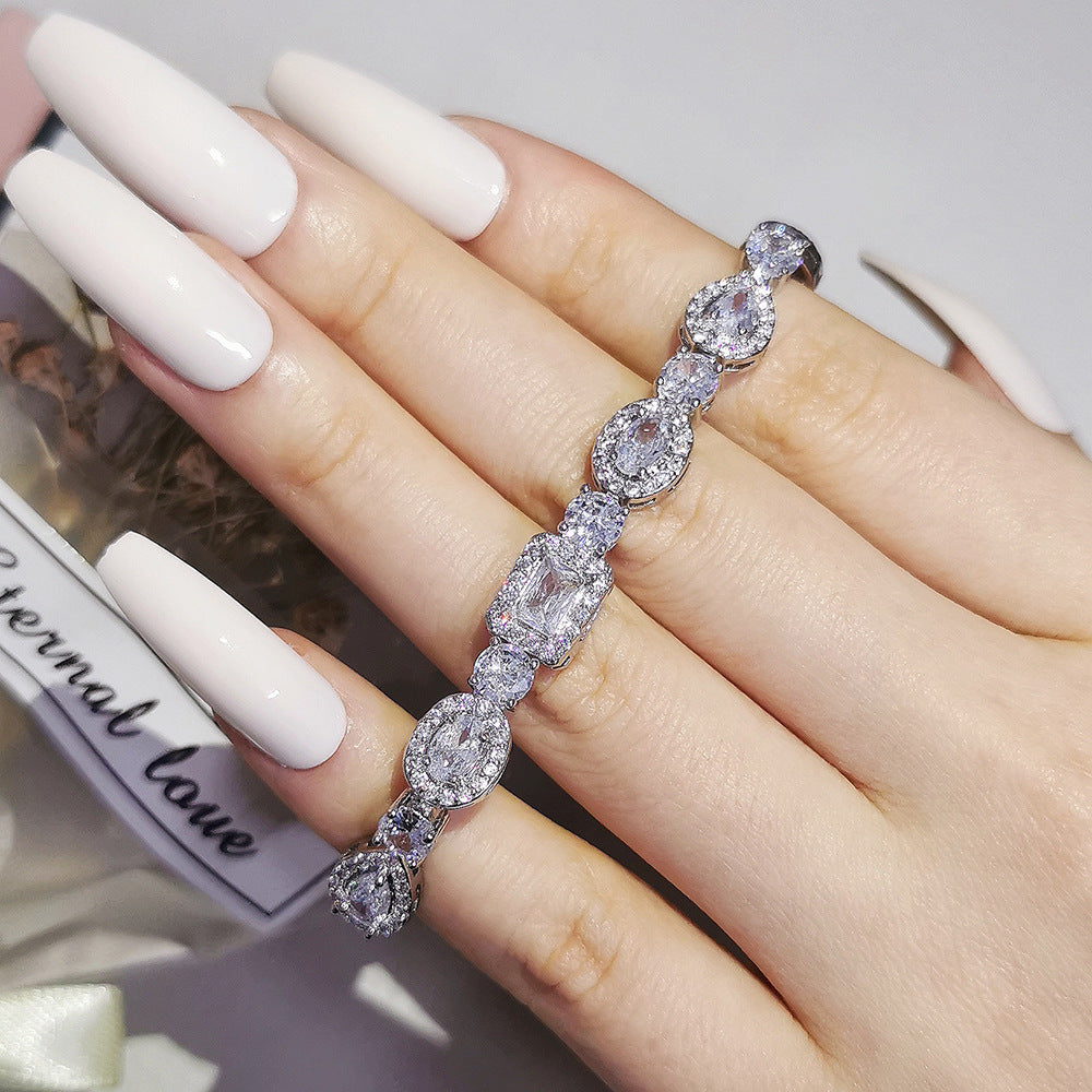 Square & Oval Halo Diamond Tennis Bracelet, Luxury European Full Diamond Gold-Plated Elegant Bracelet for Women