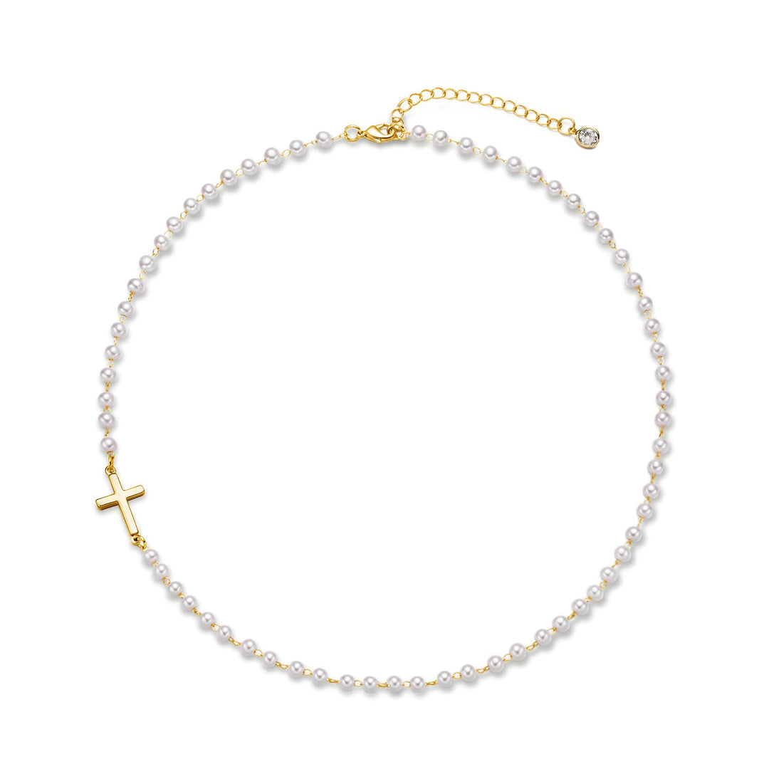 S925 Silver Pearl Cross Thin Bracelet, Minimalist Religious Beaded Bracelet for Women, Gold & Silver Two Tones