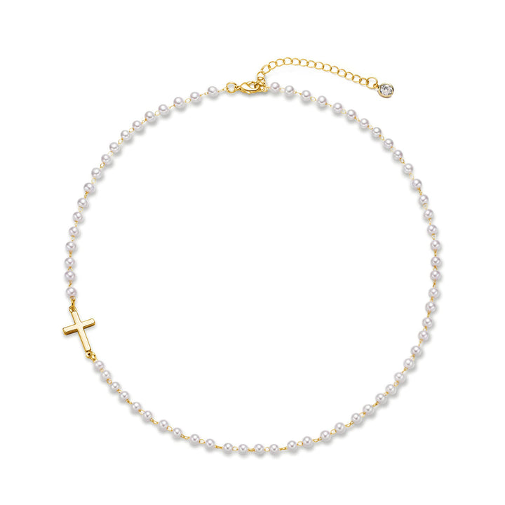 S925 Silver Pearl Cross Thin Bracelet, Minimalist Religious Beaded Bracelet for Women, Gold & Silver Two Tones