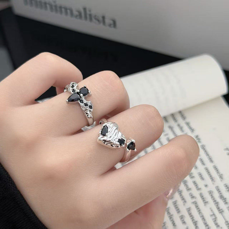 Dark Style Black Diamond Bat & Twisted Heart Open Rings, S925 Silver Alternative Adjustable Two-Style Band Set