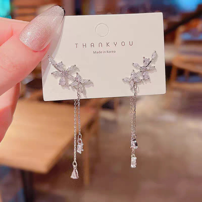 Branch Teardrop Diamond Tassel S925 Silver Stud Earrings, Elegant Long Chain Water Drop Diamond Dangle Earrings