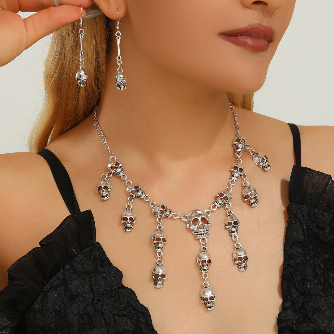 Halloween Exaggerated Skull Tassel Necklace & Earrings Set