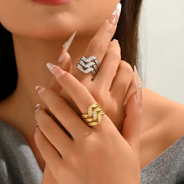 Multi-Layer Wave Diamond Wide Band Ring, European Heavy-Duty Streamlined Textured S925 Silver Ring for Women