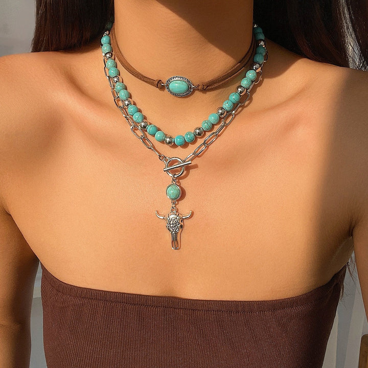 Western Multi-Layer Turquoise Bull Skull Stacked Necklace, S925 Silver Vintage Cowboy Double-Layer Choker Set