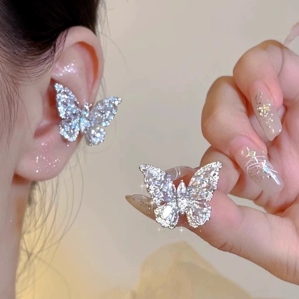 Full Diamond 3D Butterfly S925 Silver Stud Earrings