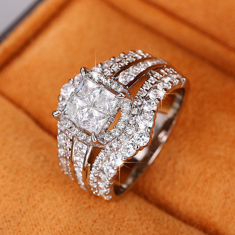 S925 Silver Double-Layer Cubic Zirconia Ring – Square Crown Design Two-in-One Sparkle Ring