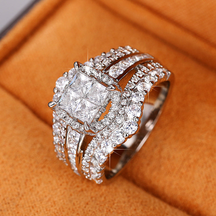 S925 Silver Double-Layer Cubic Zirconia Ring – Square Crown Design Two-in-One Sparkle Ring