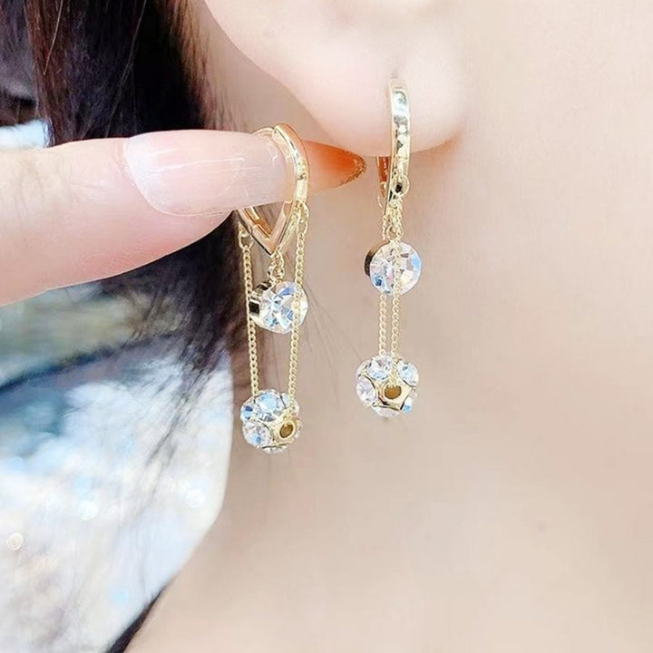 Double Layer Tassel Ball Diamond Huggie Earrings