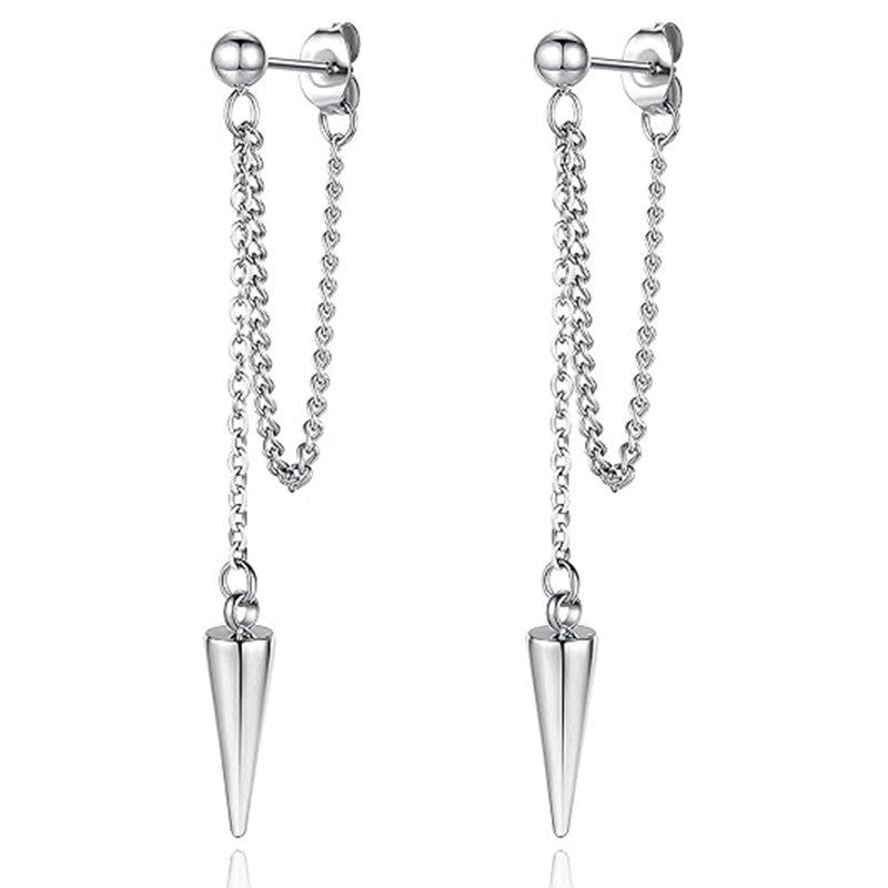 Double Chain Cone Spike Long Stud Earrings, Punk Taper Tassel Jewelry Gold Silver Black S925 Silver Dangles