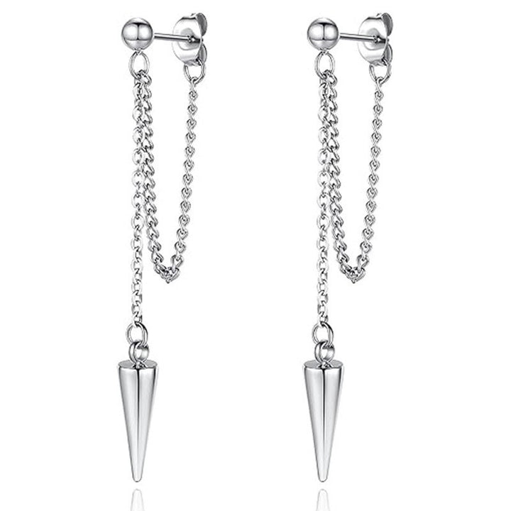 Double Chain Cone Spike Long Stud Earrings, Punk Taper Tassel Jewelry Gold Silver Black S925 Silver Dangles