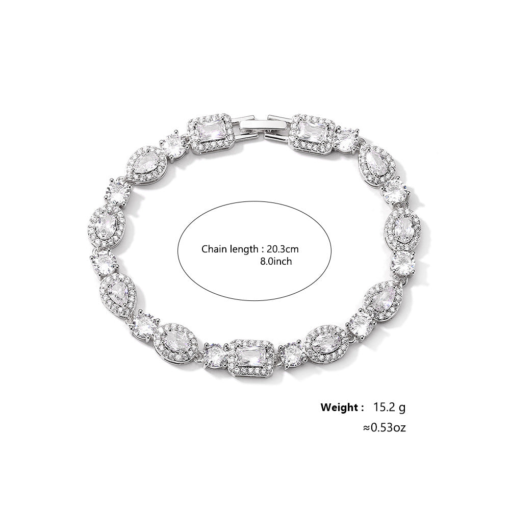Square & Oval Halo Diamond Tennis Bracelet, Luxury European Full Diamond Gold-Plated Elegant Bracelet for Women