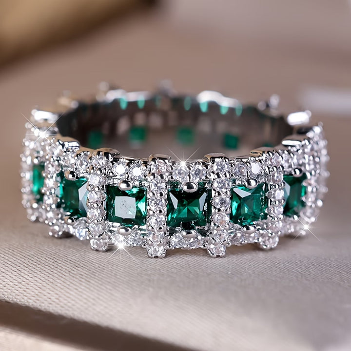 Square Gemstone Double Row Full Paved Eternity Band Ring, Emerald & Amethyst Luxury Women Formal Closed Statement Ring
