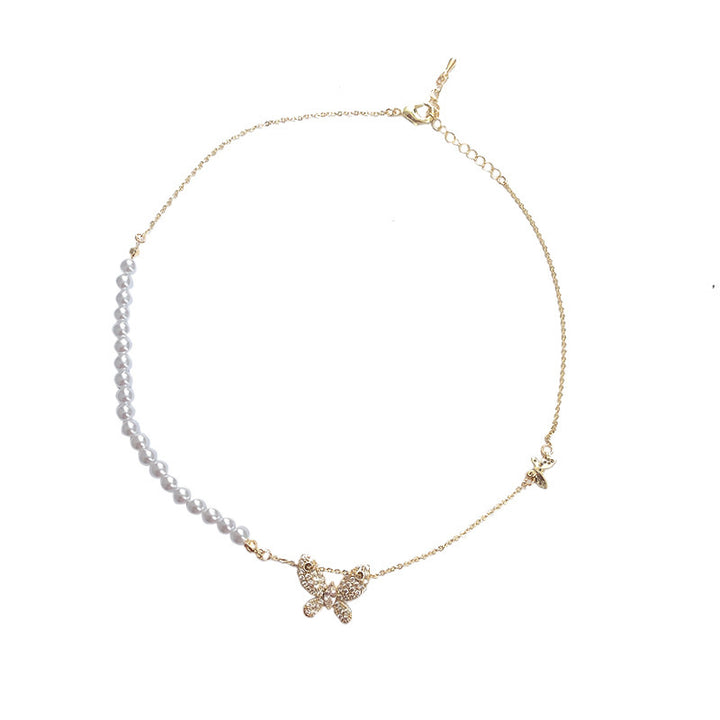 Asymmetrical Pearl Pave Diamond Butterfly Collarbone Necklace, French Gentle Style Niche Butterfly Pendant Thin Chain