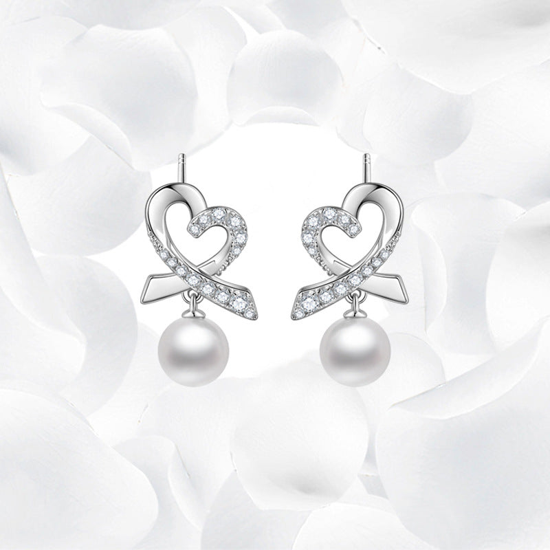 S925 Sterling Silver Pearl Love Earrings for Women
