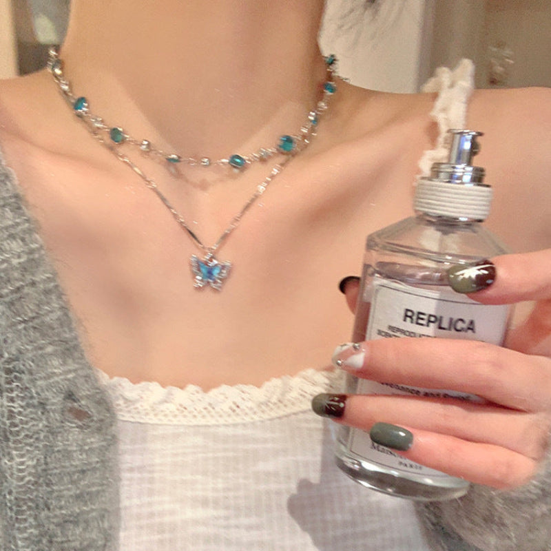 Blue Diamond Butterfly Layered Necklace Set (Luxury Mermaid Choker)