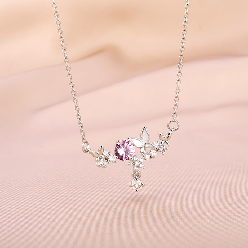 Pink Diamond Butterfly Pendant Necklace (2 Colors Luxury Women's Chain)