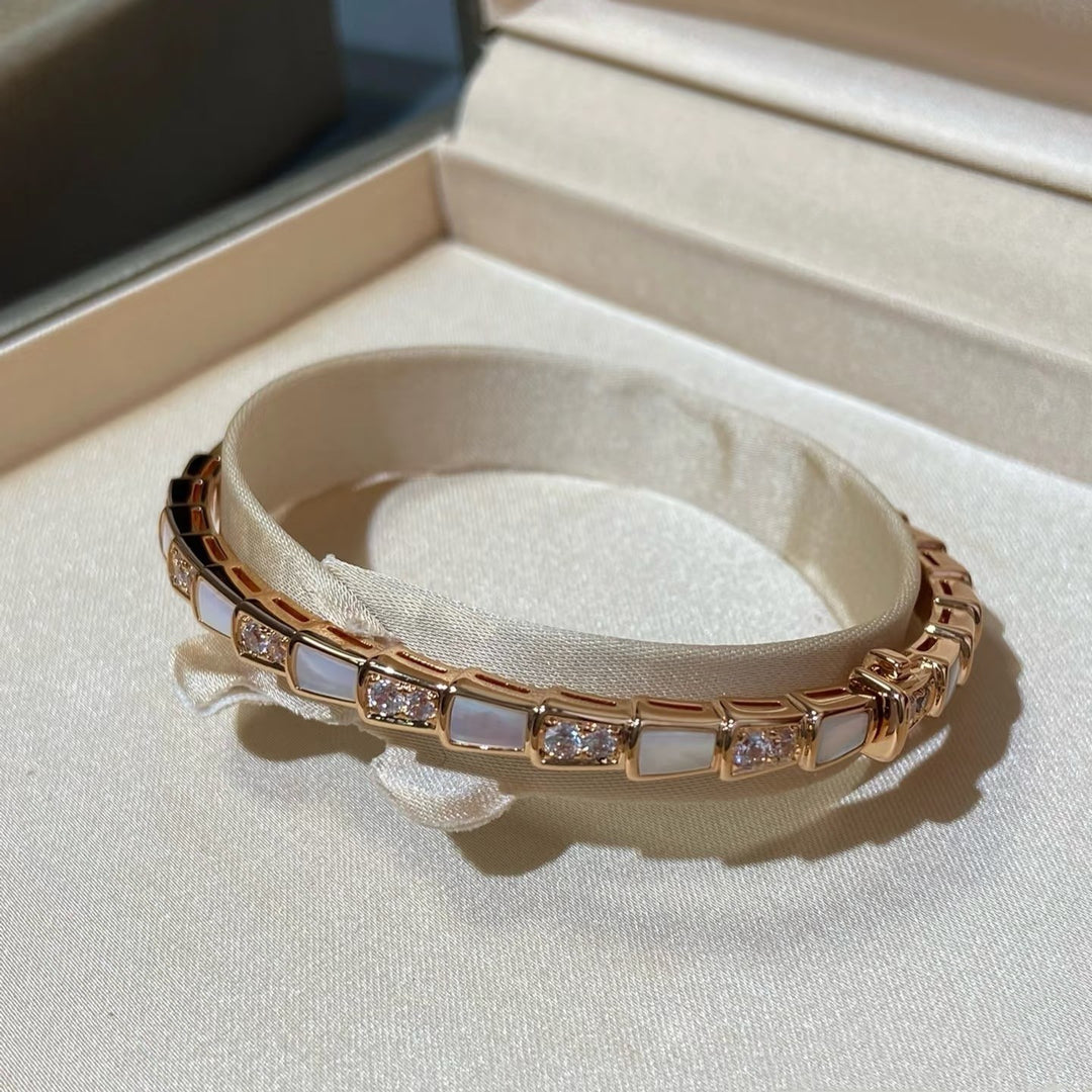 Snake Segment White Mother of Pearl Paved Crystal Thin Bangle, Gold Silver Rose Gold Stackable Luxury Bracelet