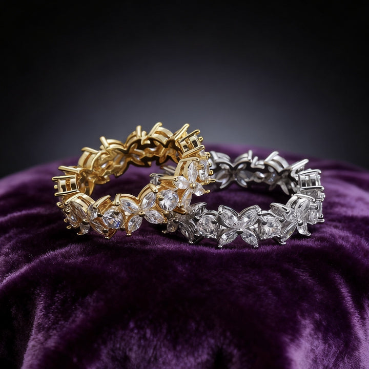Marquise & Baguette Alternate Flower Full Eternity Ring, Open Clover Diamond Band Gold Silver Luxury Women Statement Jewelry