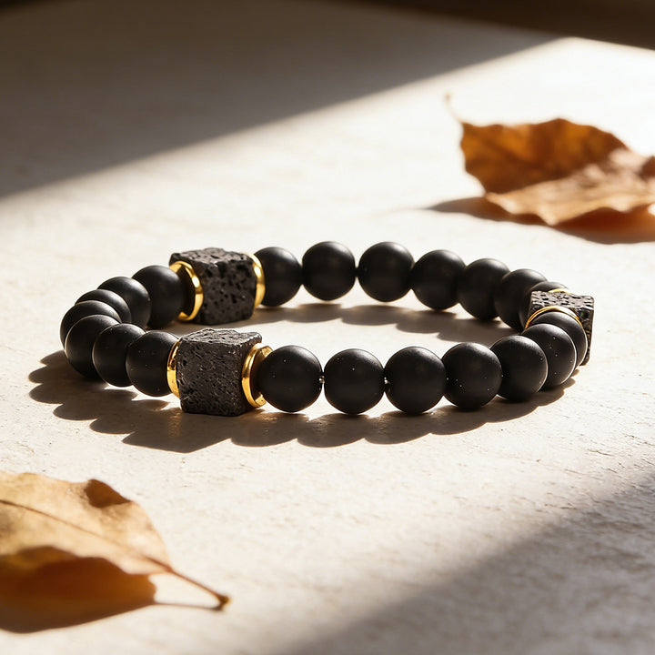 Matte Black Lava Stone Men Bracelet & Necklace Set, Vintage Frosted Beads Neutral Adjustable Jewelry Set