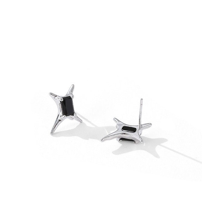 Niche Spiky Star Stud Earrings, Black & White Diamond Cool Silver Unisex Street Hip Hop Jewelry