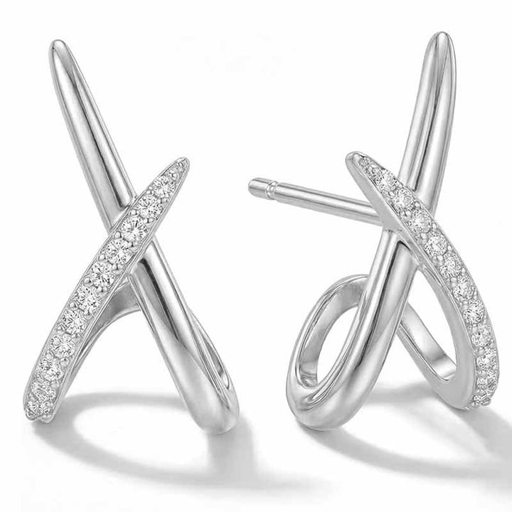 Cross X Paved Diamond Twist Stud Earrings, Minimal Intertwined Geometric Gold & Silver Elegant Daily Jewelry