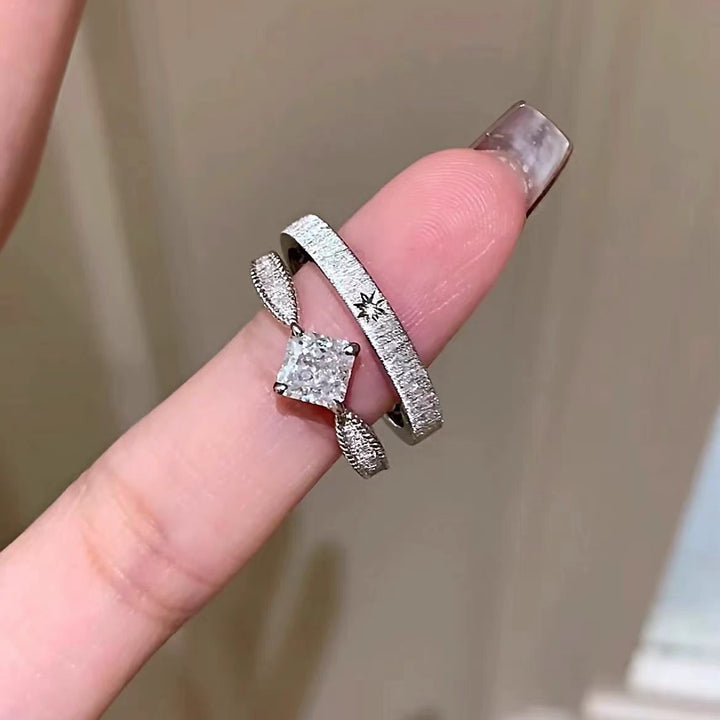 Vintage Princess Cut Wheat Ring Set, S925 Silver Brushed Star Band Two-Piece Rings, Gold & Silver Tone