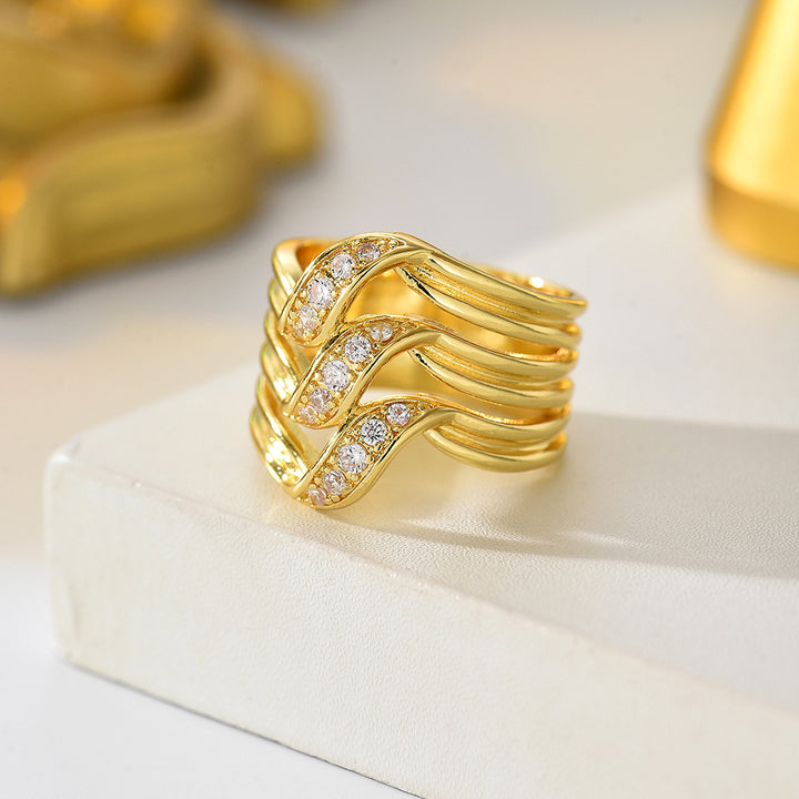 Multi-Layer Wave Diamond Wide Band Ring, European Heavy-Duty Streamlined Textured S925 Silver Ring for Women