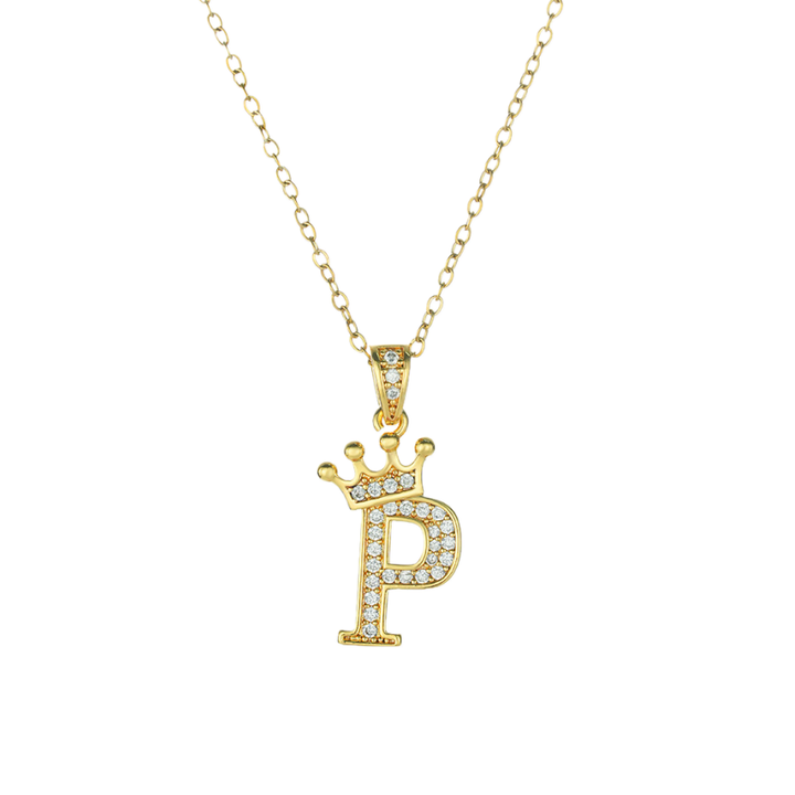 Crown Paved Diamond Initial Letter Necklace, 14K Gold Plated Personalized Dainty Chain, A-Z Available