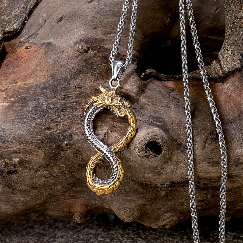 Bold Viking Infinity Dragon Titanium Steel Pendant Necklace (Dual-Tone Retro Style)