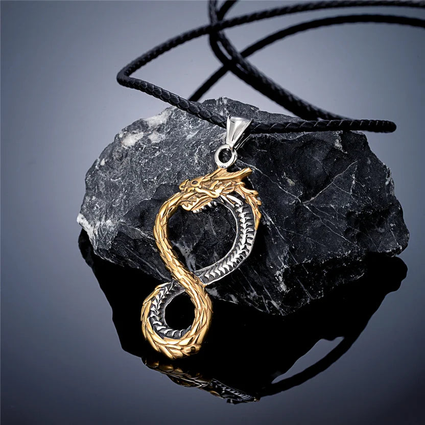 Bold Viking Infinity Dragon Titanium Steel Pendant Necklace (Dual-Tone Retro Style)